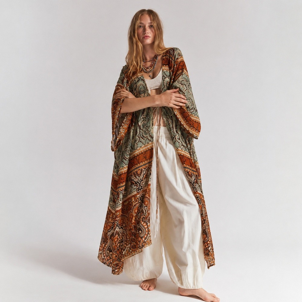 Boho Paisley Kimono Cardigan Coverup Womens‎ XL Brown Earthy Festival Layering